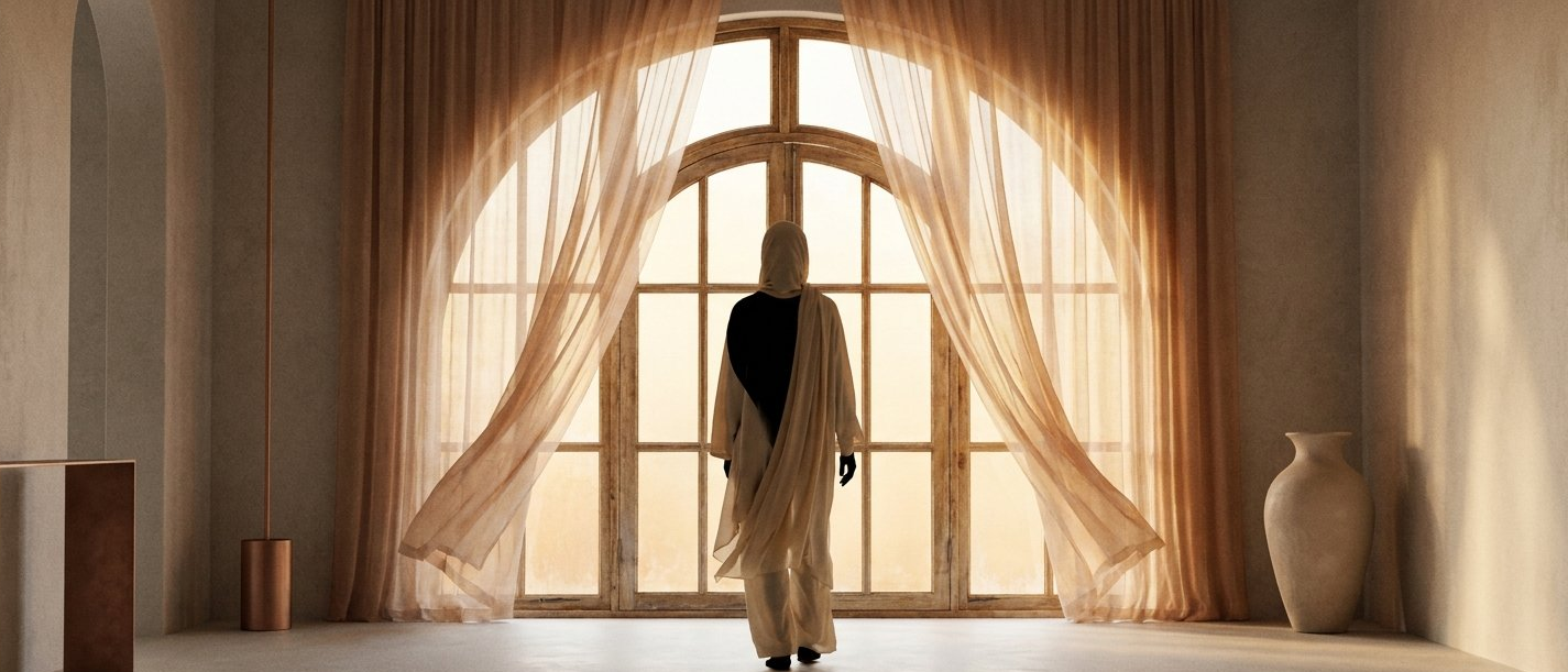 Silhouette de femme face à une fenêtre arche, lumière dorée matinale