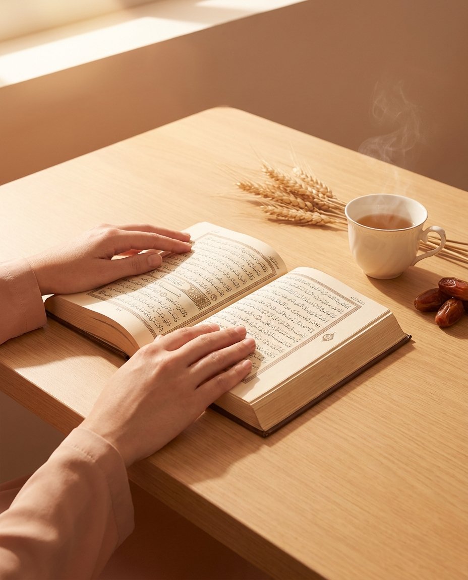 Mains tenant un Coran ouvert sur table de bois, tasse de thé fumante, lumière dorée
