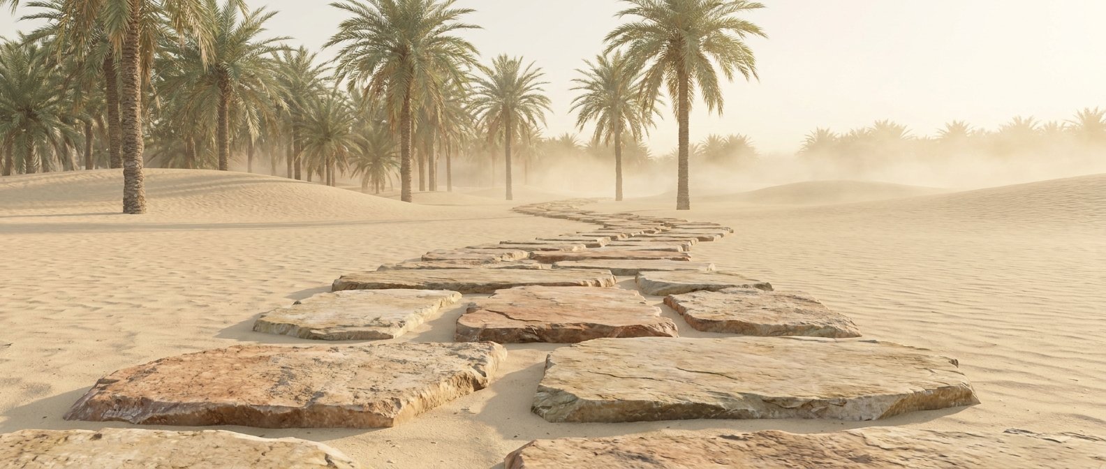 Chemin de pierres entre palmiers, lumière dorée du matin, symbolique de la transformation