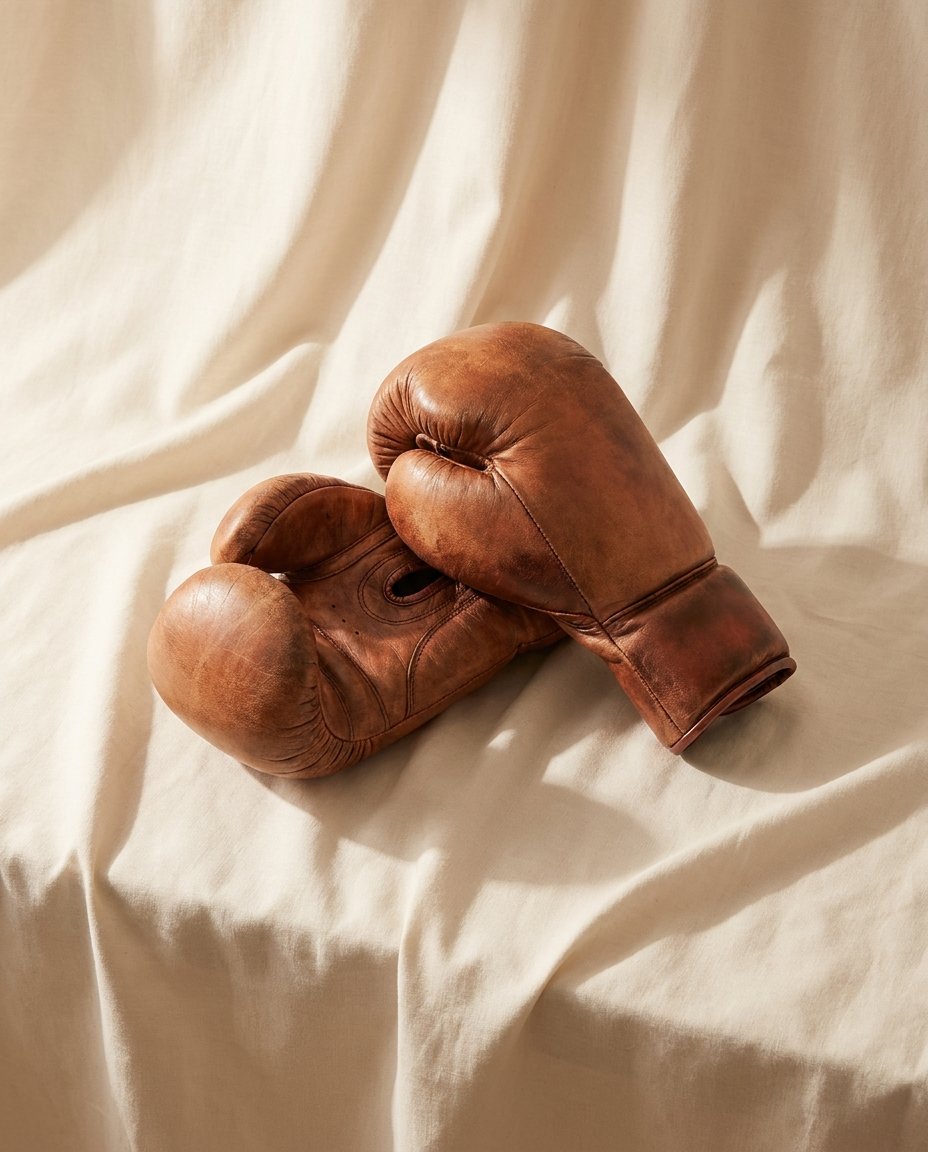 Gants de boxe vintage en cuir cuivre sur lin cream drapé